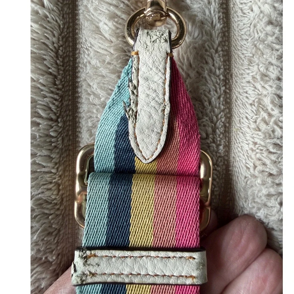 Coach Multi Color Stripe Webbing Handbag Strap White Leather Gold Hardware